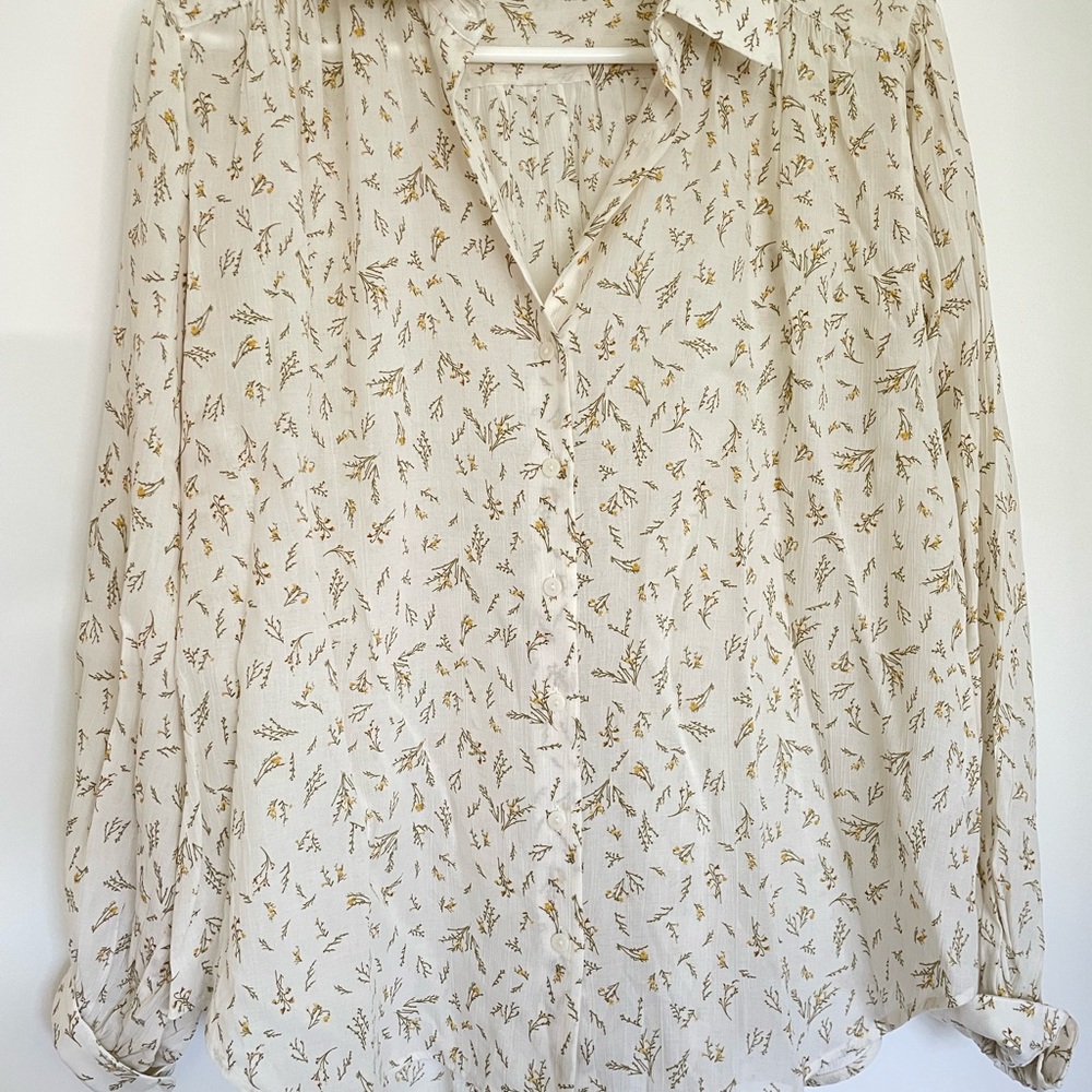 Uniqlo C Cream Button-Down Blouse with Yellow Floral Print